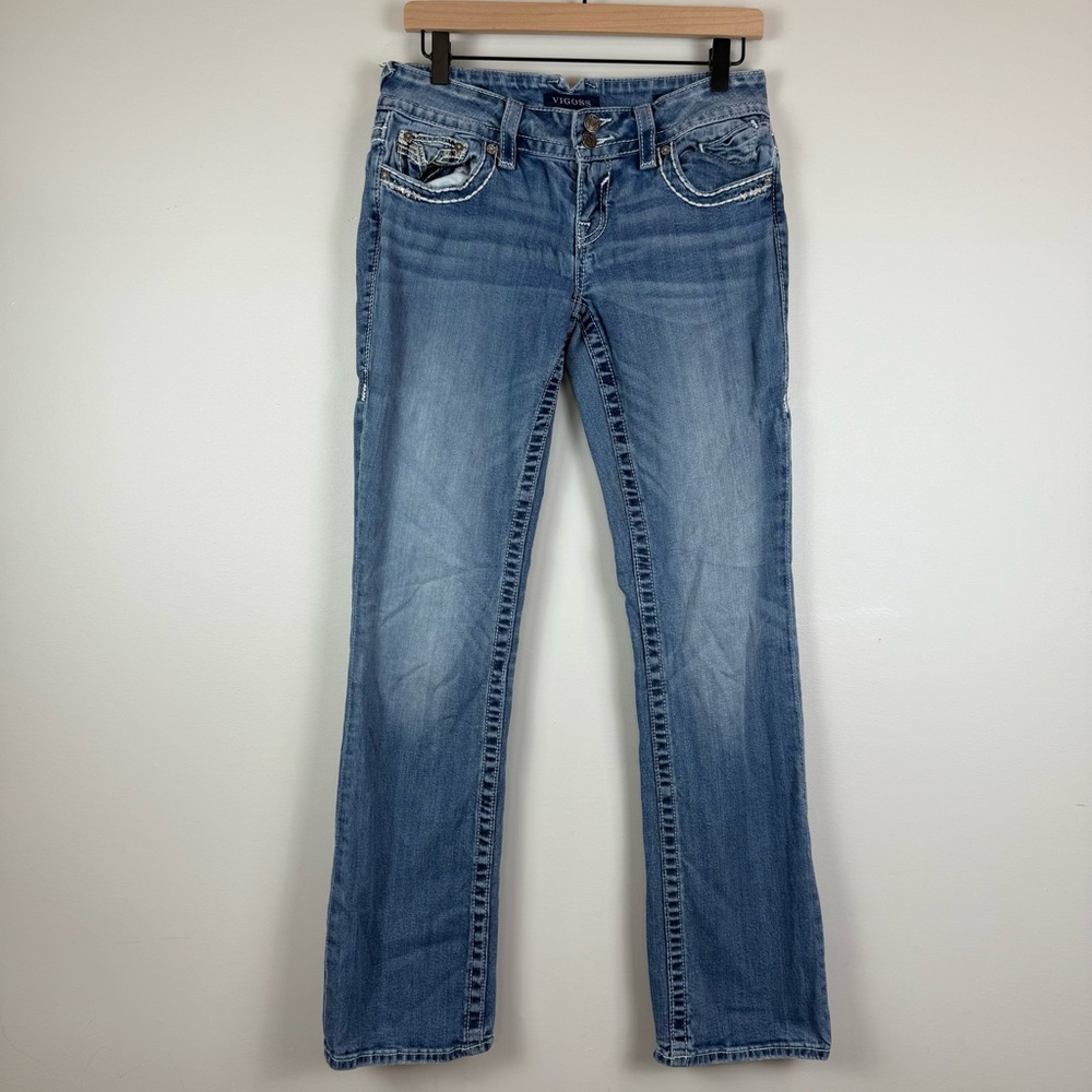 Vigoss Slim Boot Jeans Women 3/4 Blue Medium Wash Denim Flap Pocket Y2K Low Rise